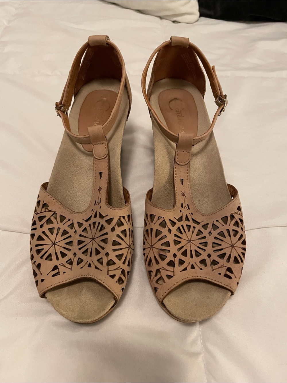 Earthies Tan Laser-Cut T-Strap Open-Toe Sandals